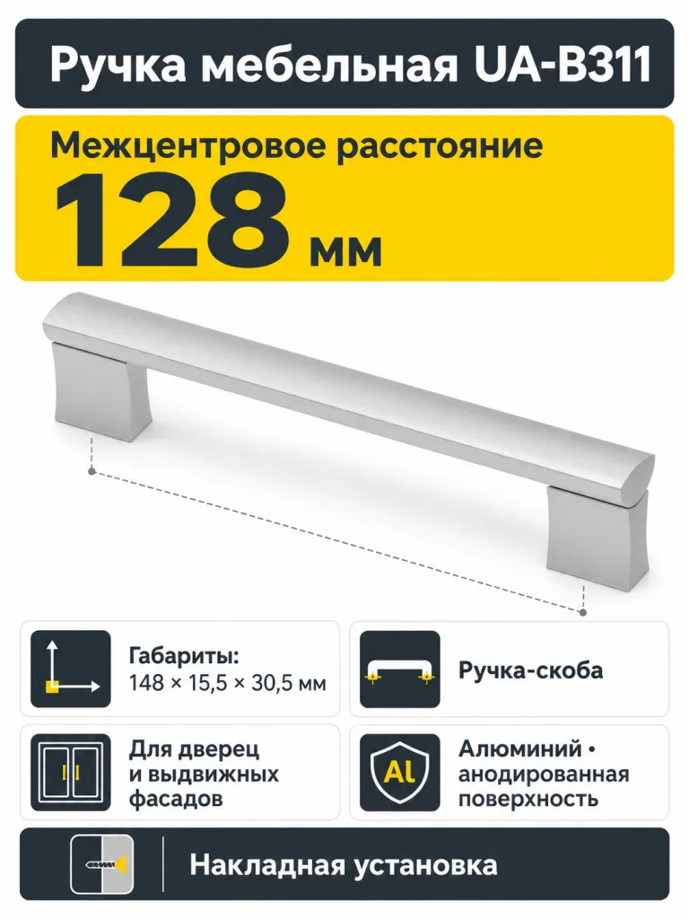 Ручка мебельная UA-B311 L-128мм, алюминий