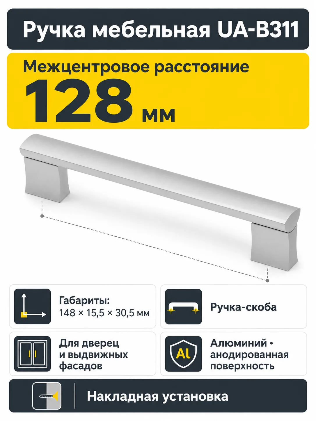 Ручка мебельная UA-B311 L-128мм, алюминий