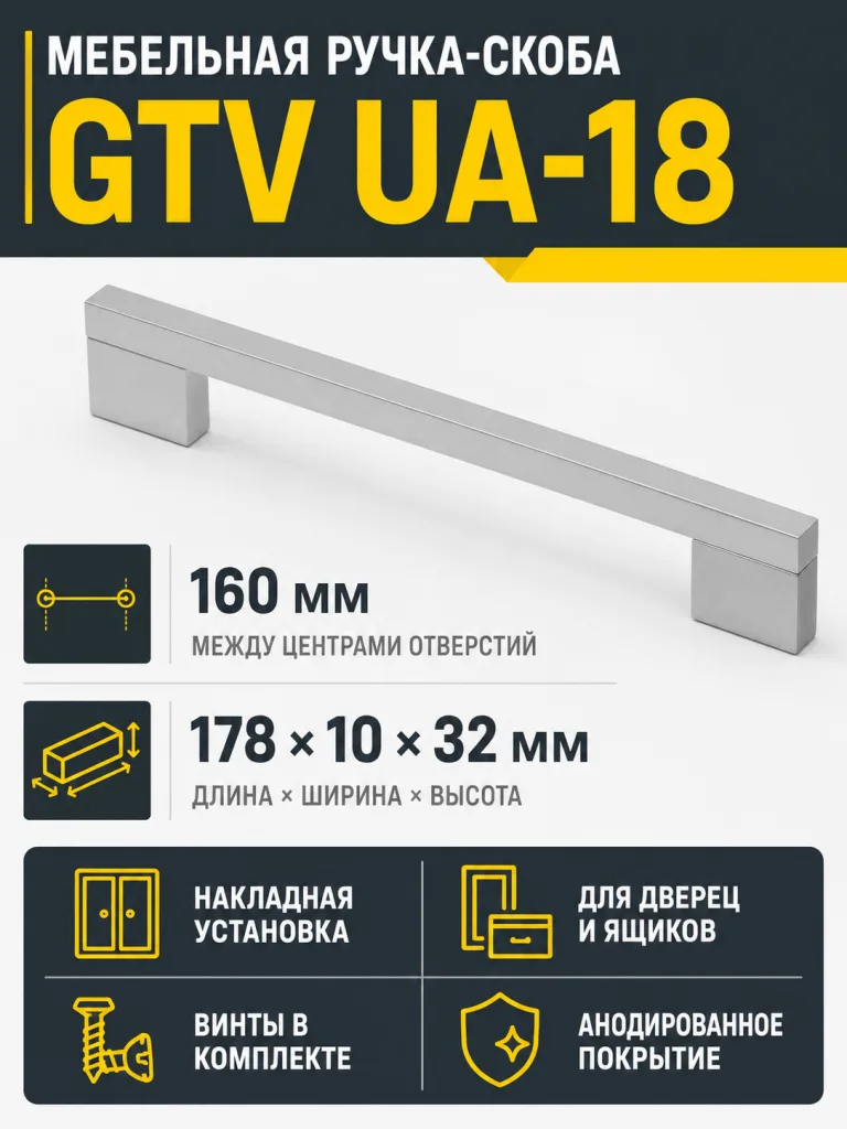 Ручка мебельная UA-18 L-160мм, алюминий