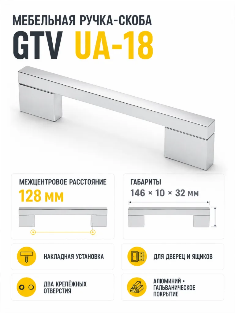 Ручка мебельная UA-18 L-128мм, хром