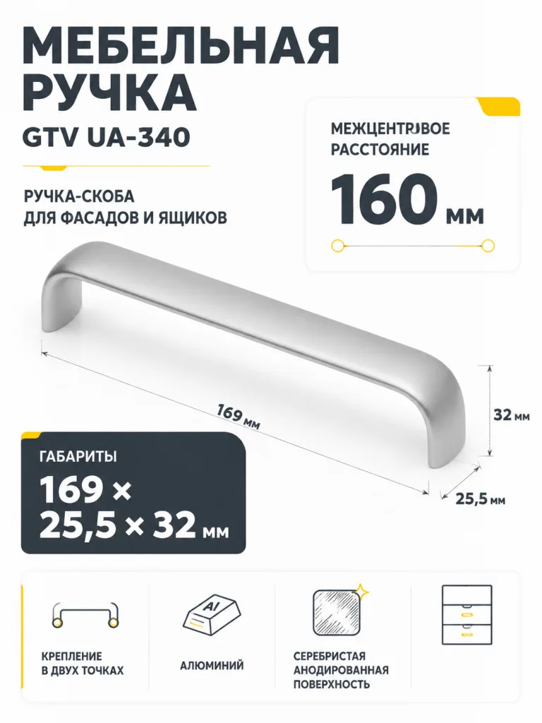 Ручка мебельная UA-340 L-160мм, алюминий