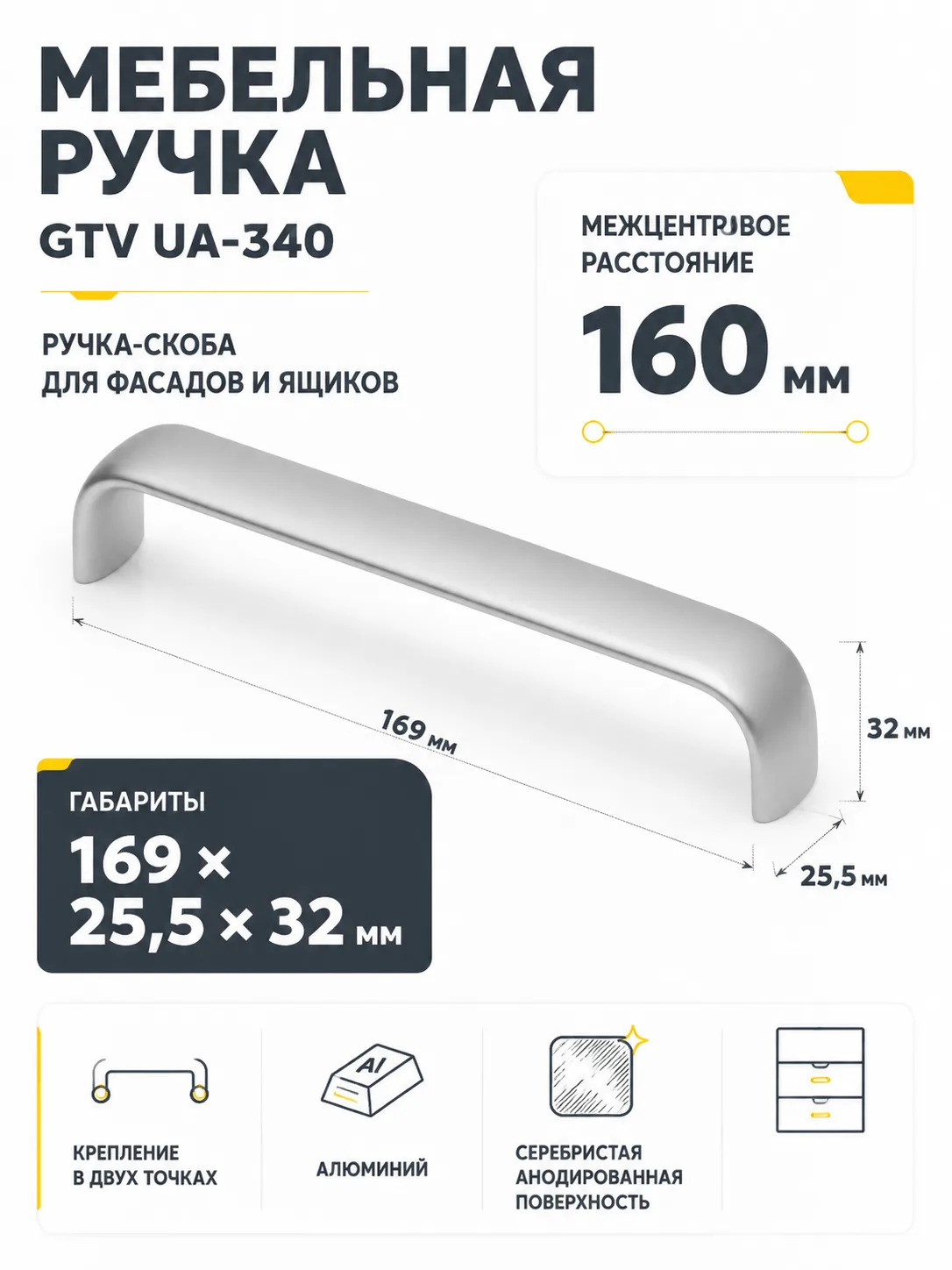 Ручка мебельная UA-340 L-160мм, алюминий
