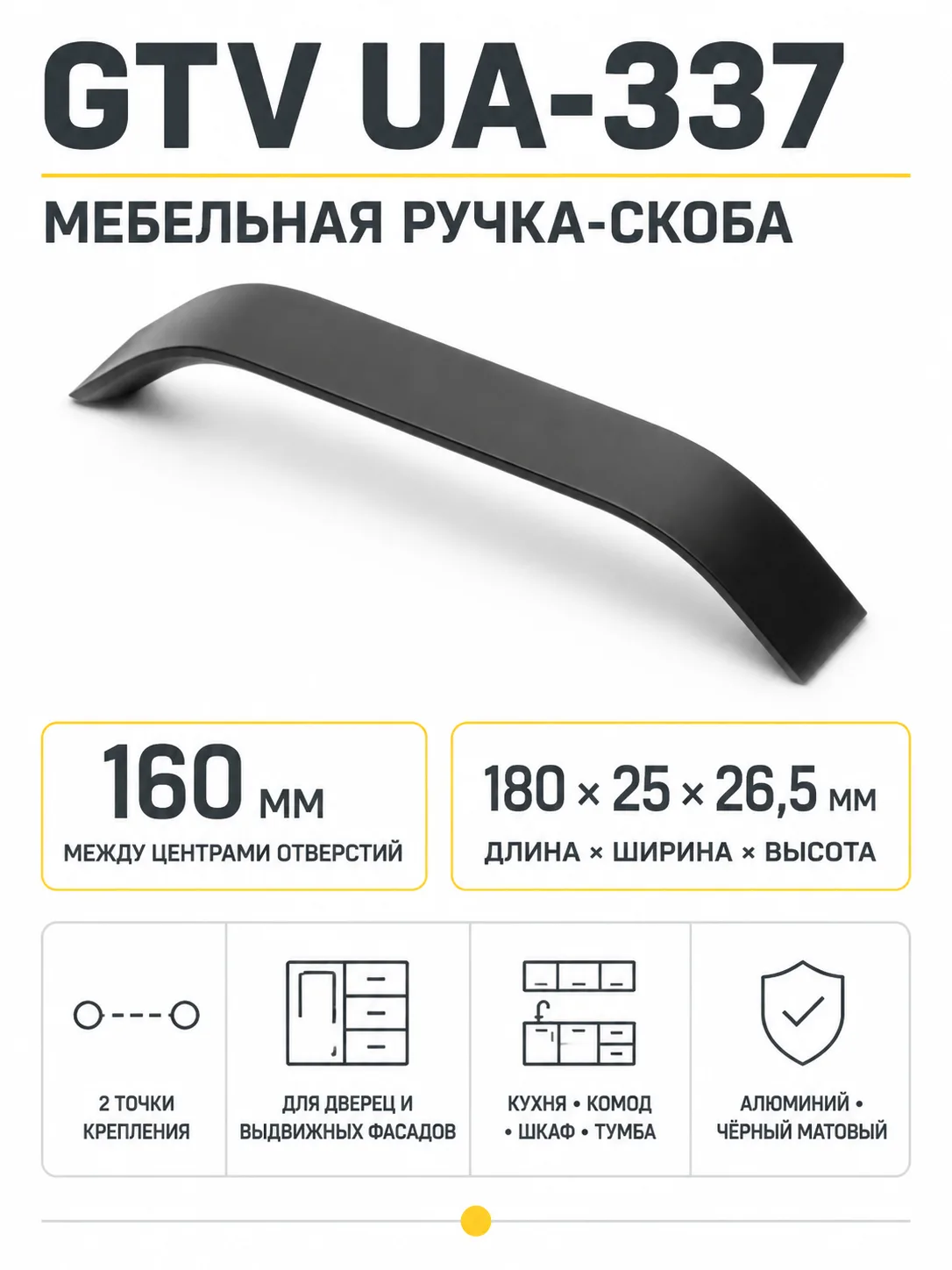 Ручка мебельная UA-337 L-160мм, черный матовый