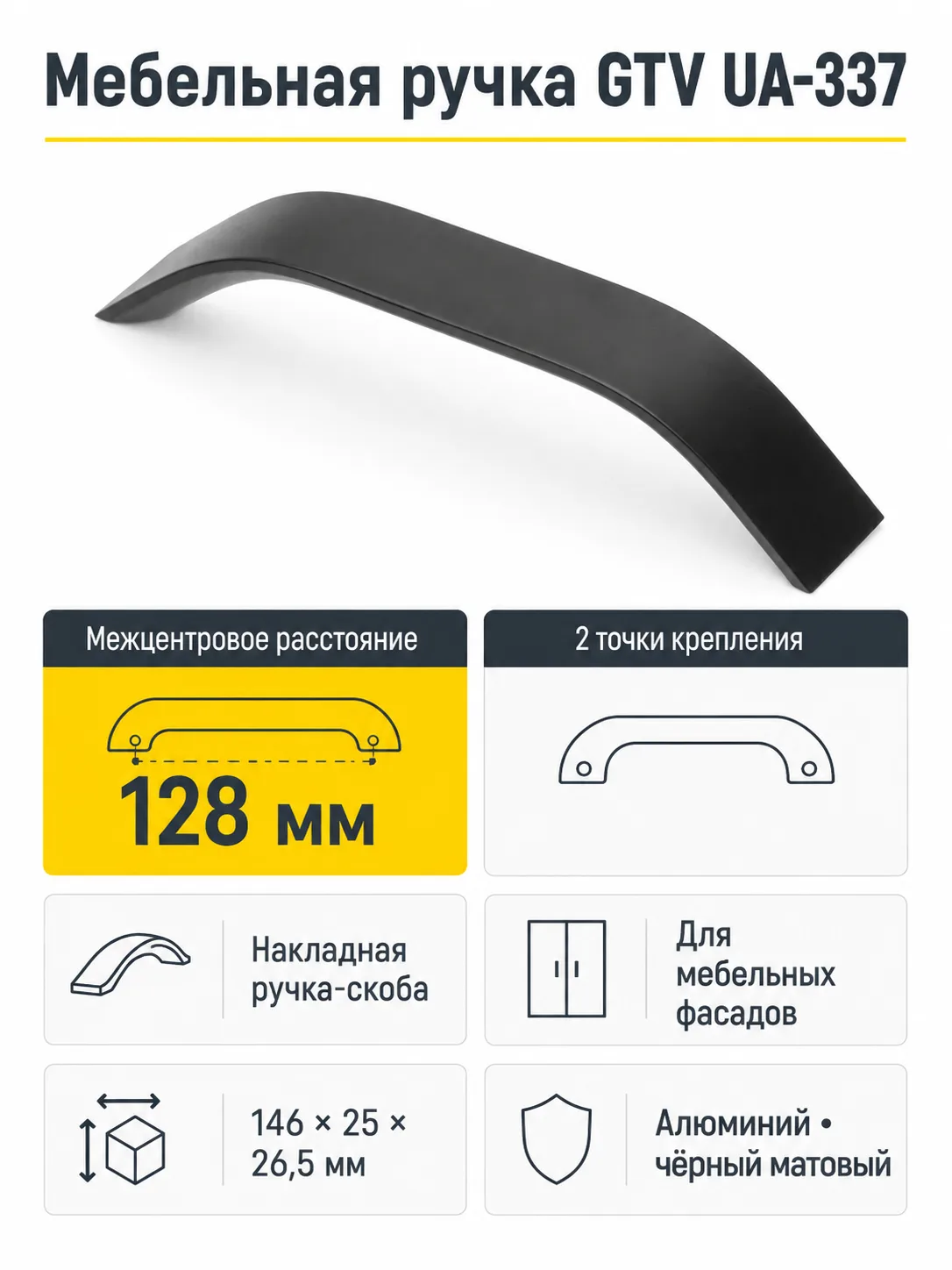 Ручка мебельная UA-337 L-128мм, черный матовый