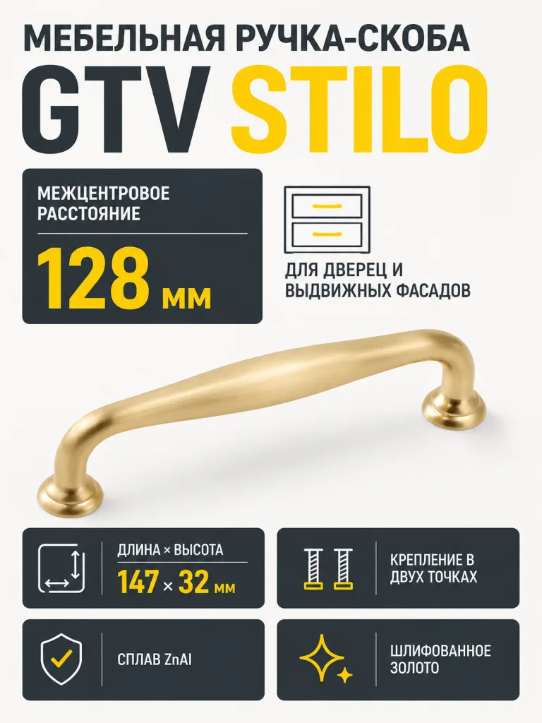 Ручка мебельная STILO L-128мм, шлифованное золото