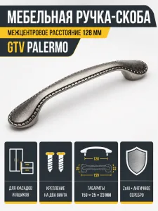Ручка мебельная PALERMO L-128мм, античное серебро