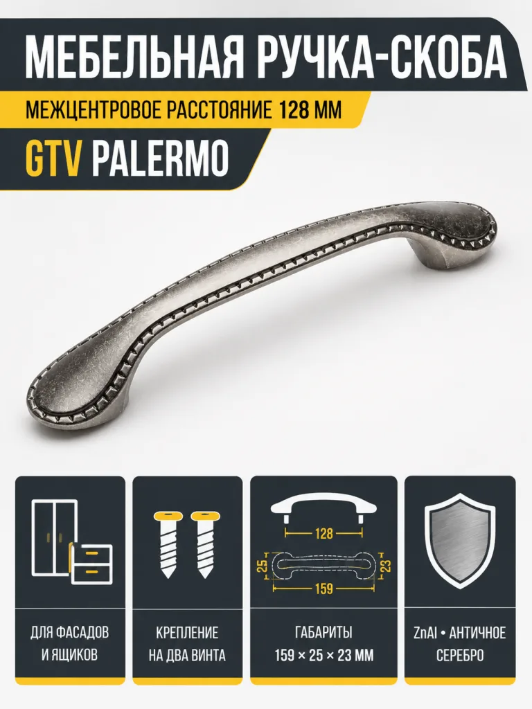 Ручка мебельная PALERMO L-128мм, античное серебро