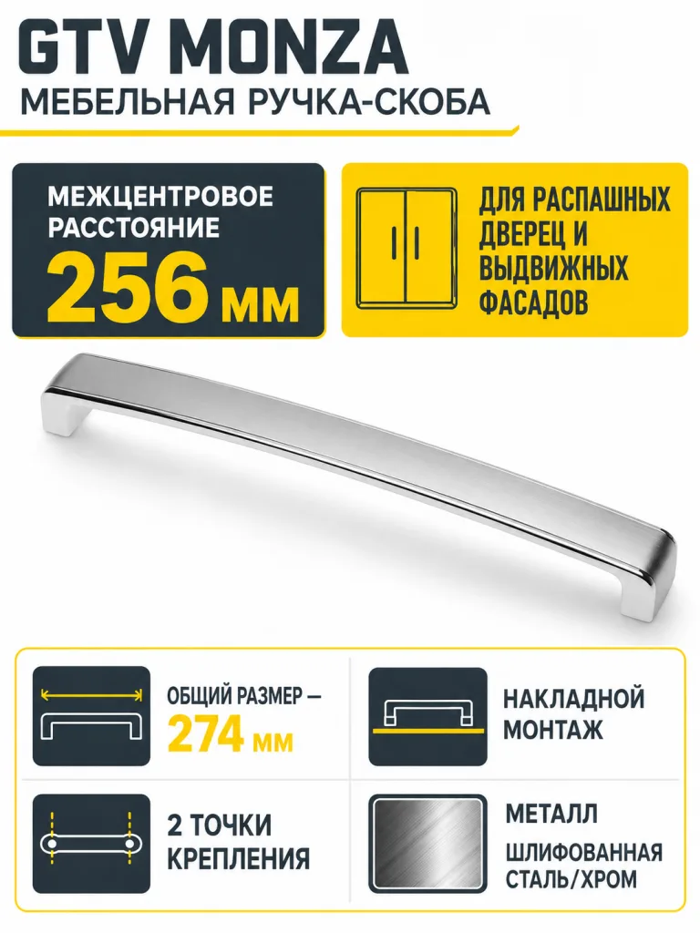 Ручка мебельная MONZA L-256мм, шлифованная сталь/хром
