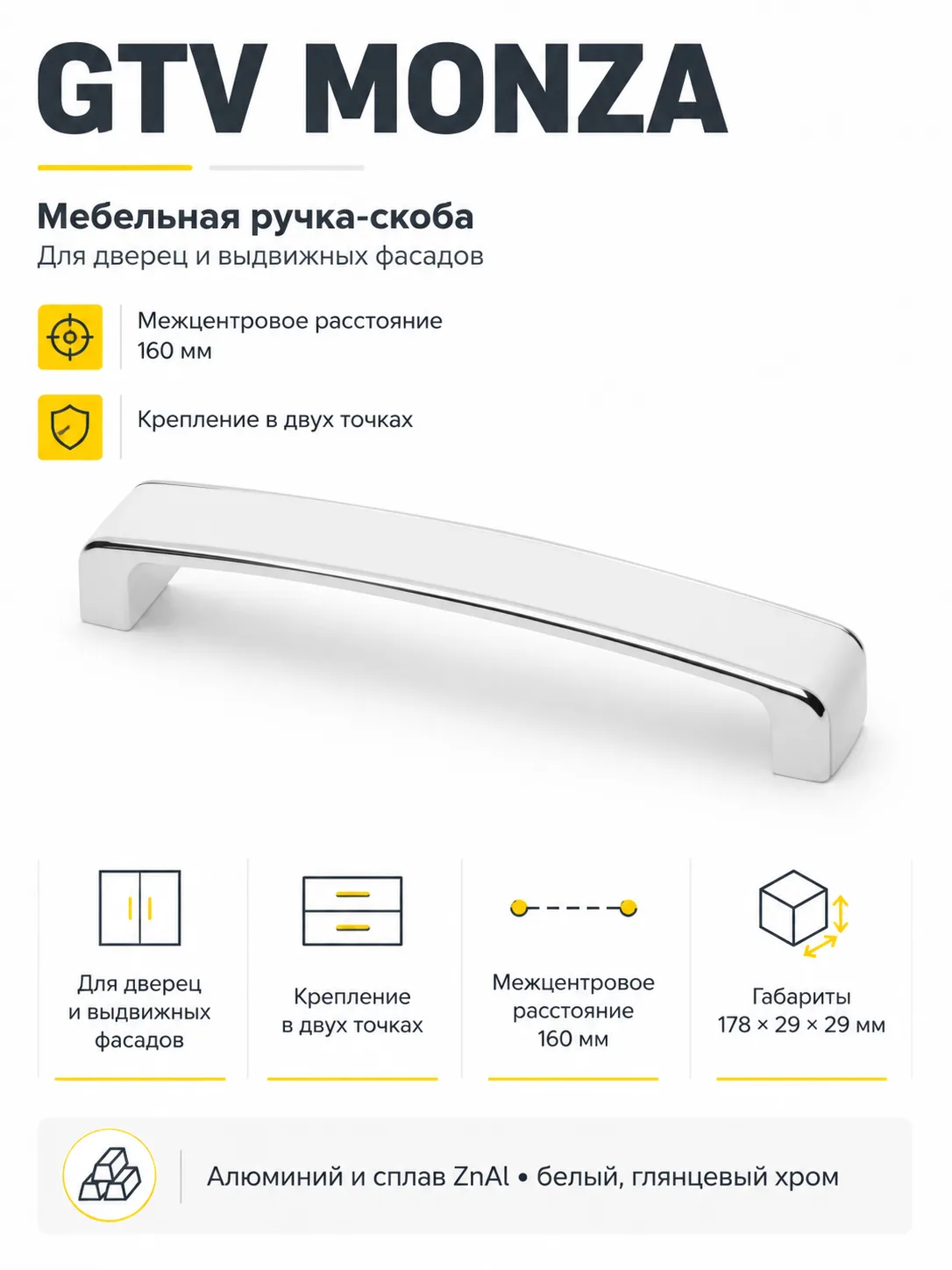 Ручка мебельная MONZA L-160мм, белый хром