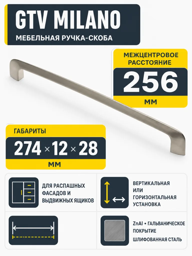 Ручка мебельная MILANO L-256мм, шлифованная сталь