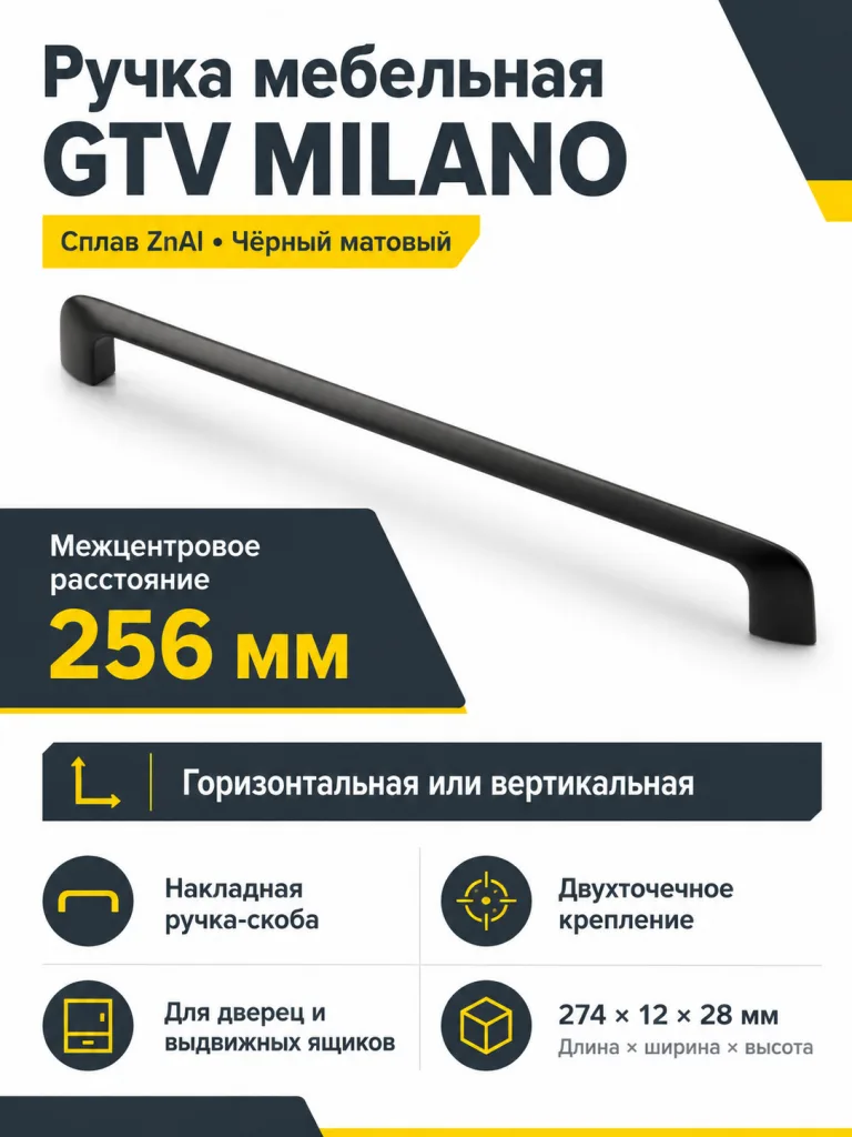 Ручка мебельная MILANO L-256мм, черный матовый