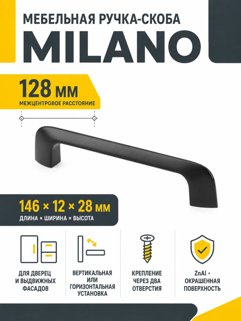 Ручка мебельная MILANO L-128мм, черный матовый