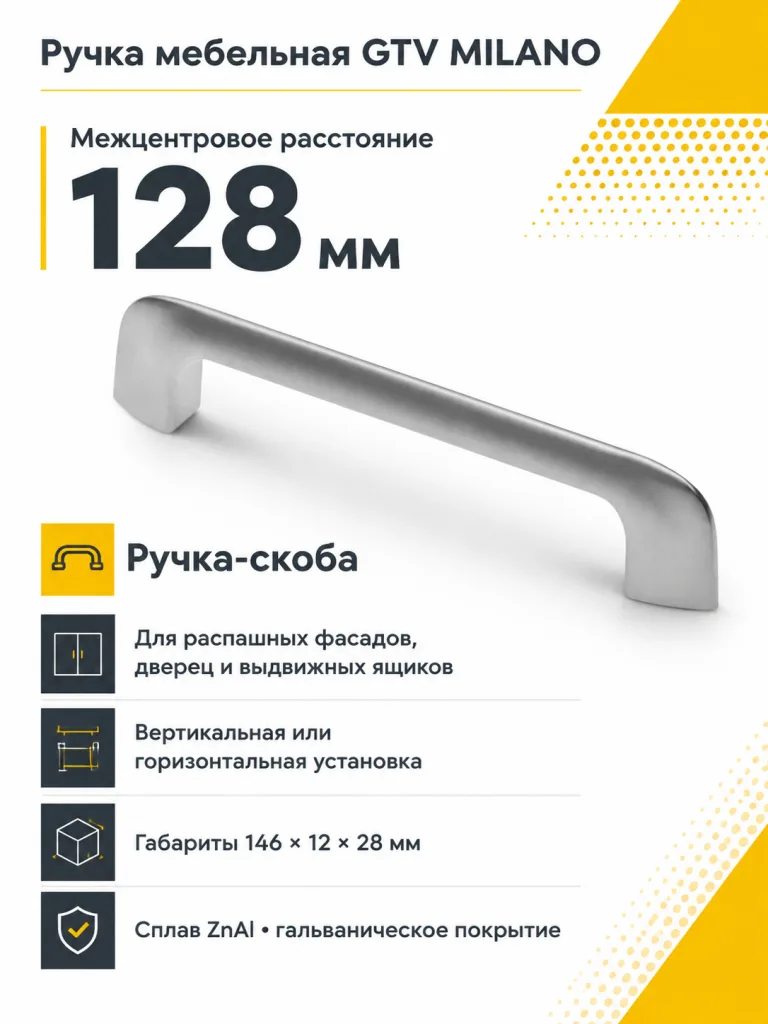 Ручка мебельная MILANO L-128мм, алюминий