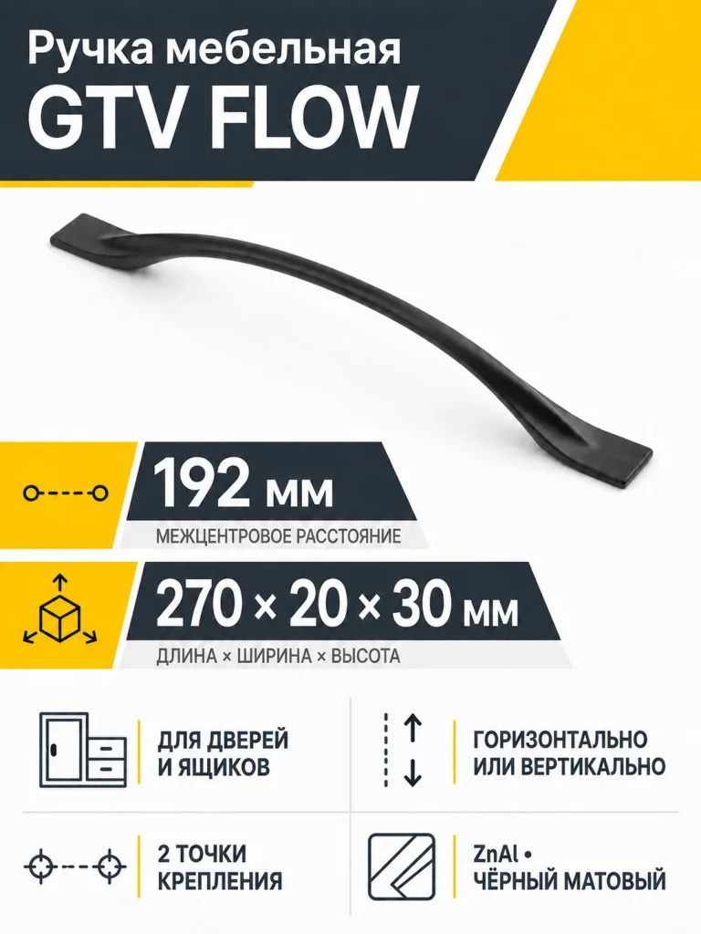 Ручка мебельная FLOW L-192мм, черный матовый