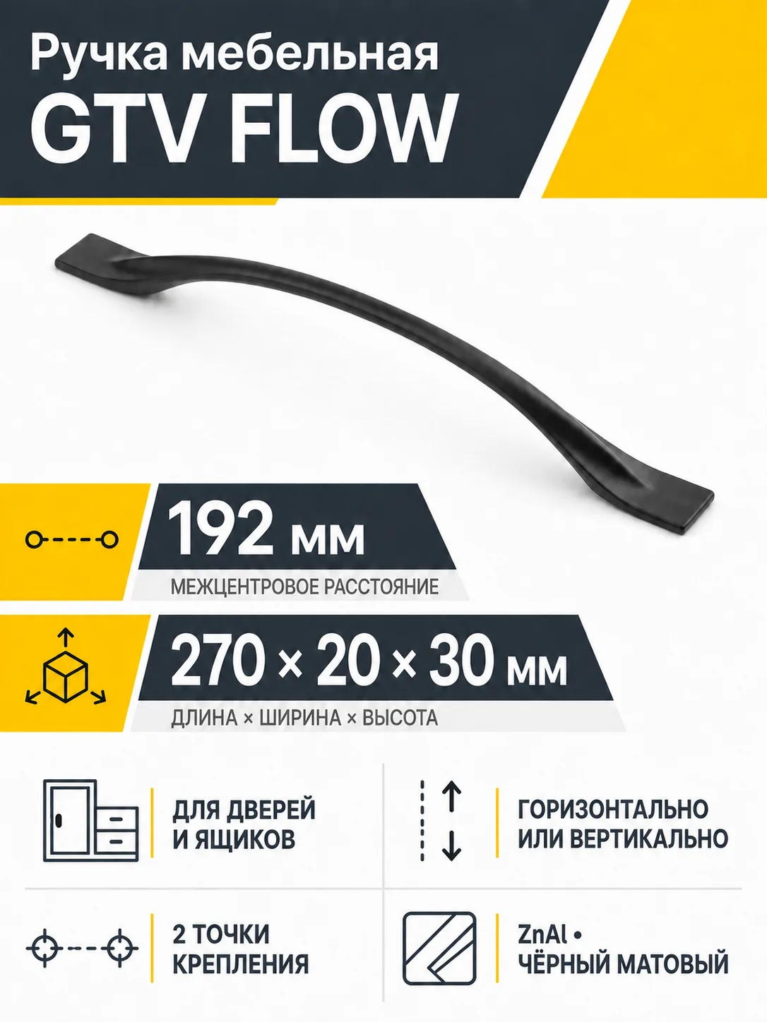 Ручка мебельная FLOW L-192мм, черный матовый