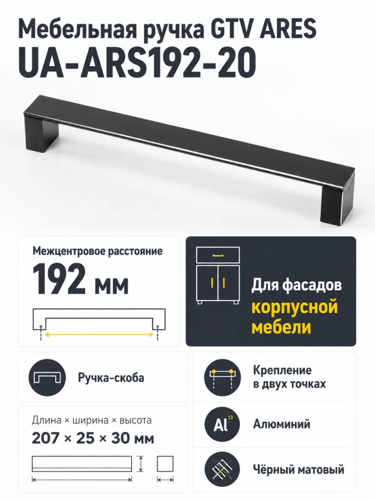 Ручка мебельная ARES L-192мм, черный матовый