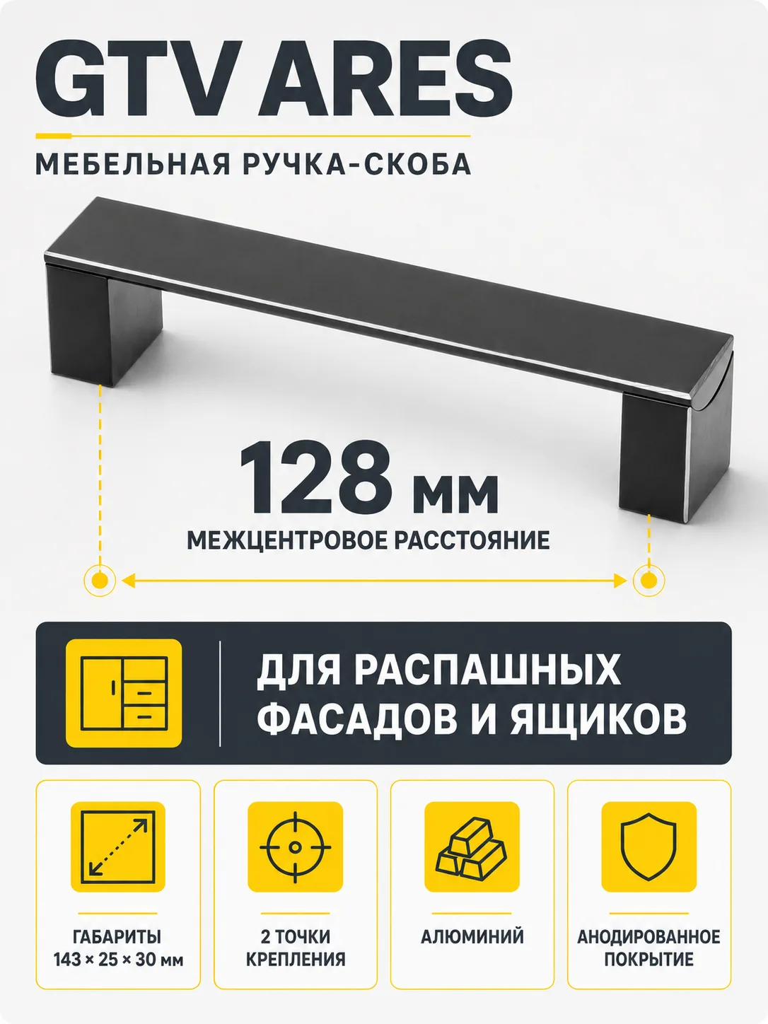 Ручка мебельная ARES L-128мм, черный матовый