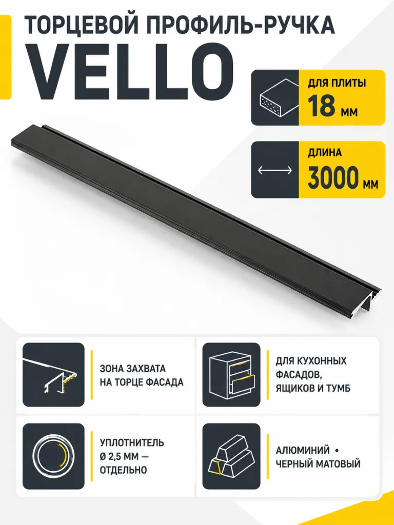 Профиль VELLO торцевой  для плиты 18мм, черный матовый