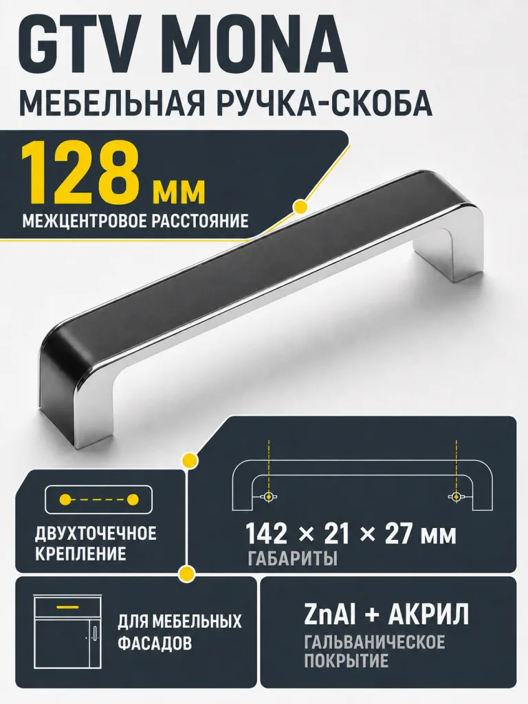 Ручка мебельная MONA L-128мм, черный хром