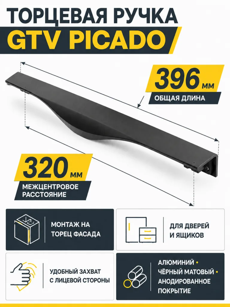 Ручка торцевая PICADO 320/396 мм, черный матовый