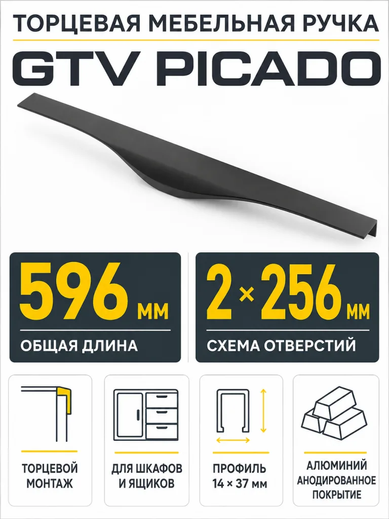 Ручка торцевая PICADO 256/596 мм, черный матовый