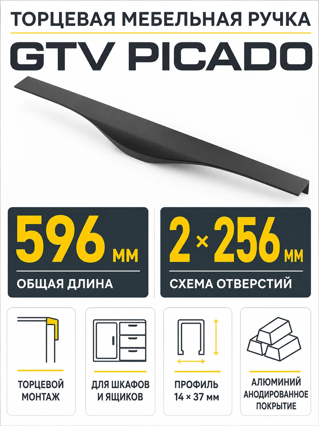 Ручка торцевая PICADO 256/596 мм, черный матовый