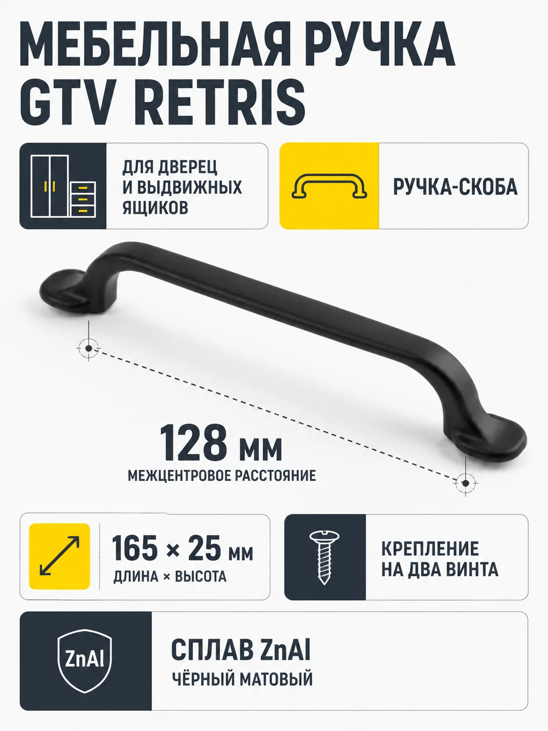 Ручка мебельная RETRIS L-128мм, черный матовый