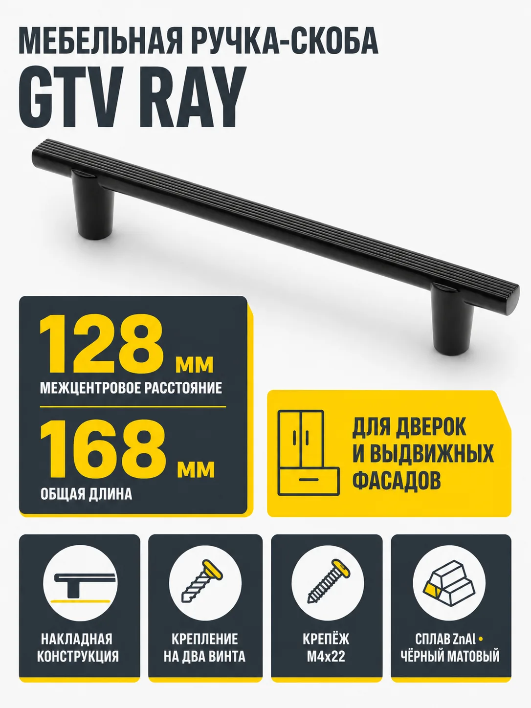 Ручка мебельная RAY L-128мм, черный матовый