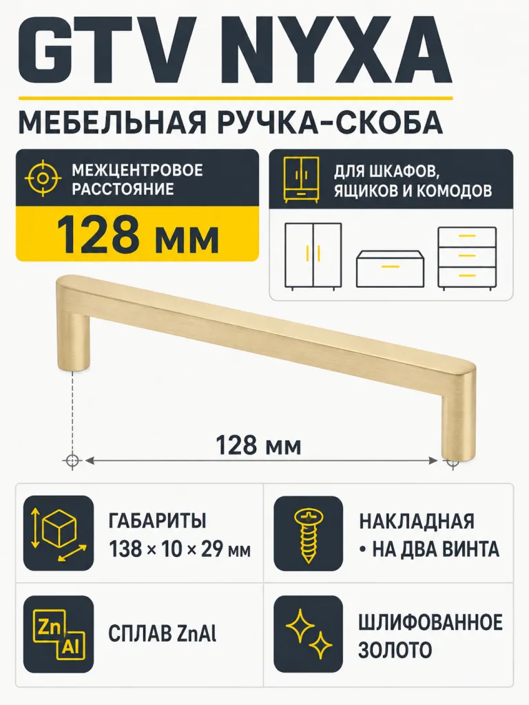 Ручка мебельная NYXA L-128мм, шлифованное золото