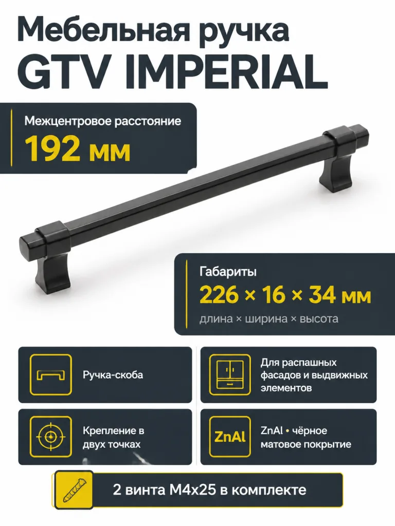Ручка мебельная IMPERIAL L-192мм, черный матовый