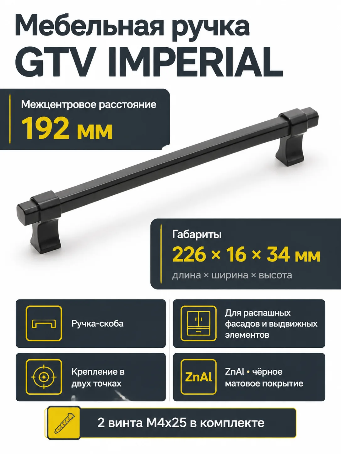 Ручка мебельная IMPERIAL L-192мм, черный матовый