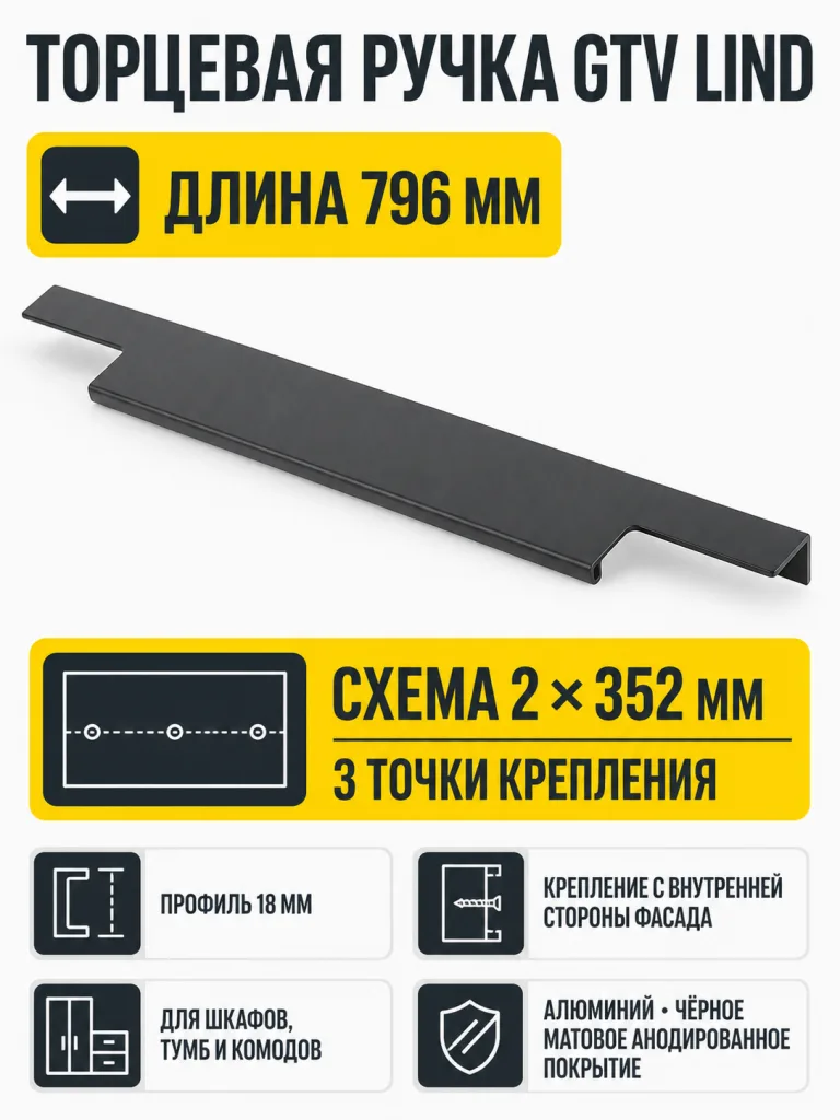 Ручка торцевая LIND 352/796 мм, черный матовый
