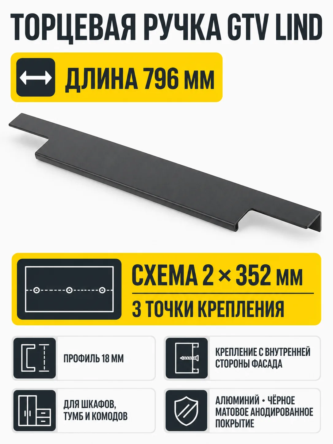 Ручка торцевая LIND 352/796 мм, черный матовый