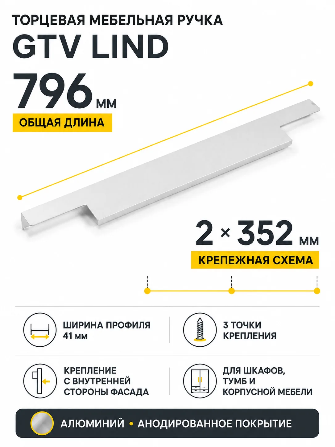 Ручка торцевая LIND 352/796 мм, алюминий