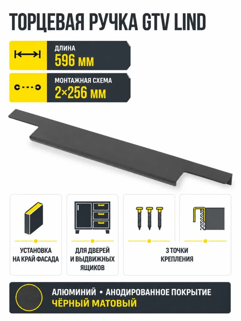 Ручка торцевая LIND 256/596 мм, черный матовый