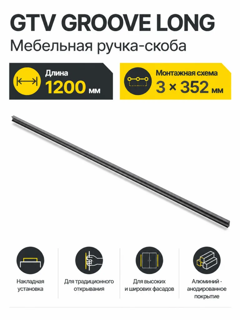 Ручка мебельная GROOVE LONG L-1200мм, черный матовый