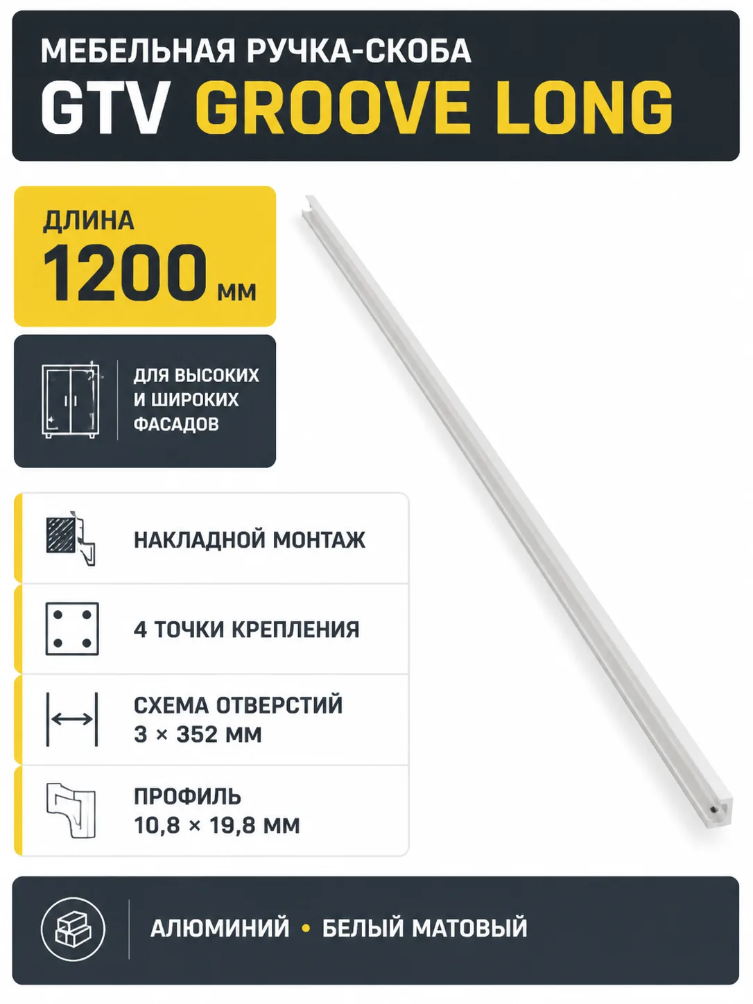 Ручка мебельная GROOVE LONG L-1200мм, белый матовый