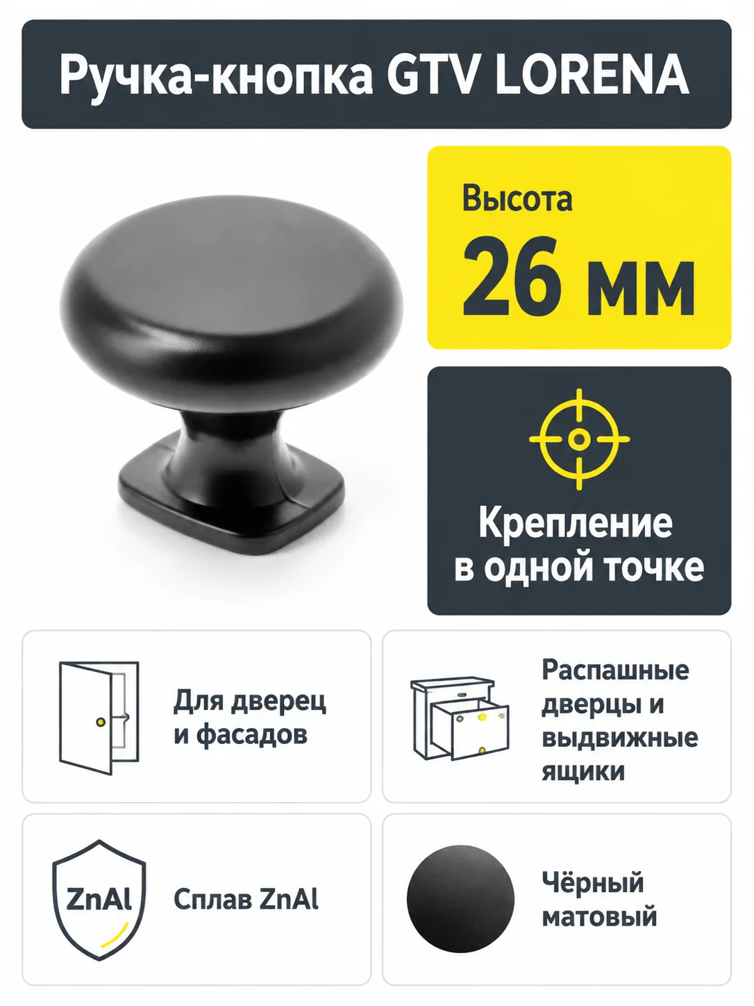 Ручка-кнопка LORENA, черный матовый