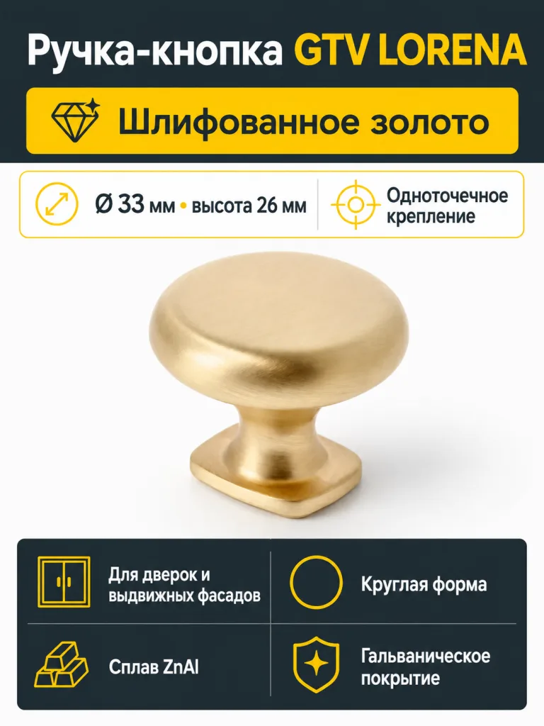 Ручка-кнопка LORENA, шлифованное золото