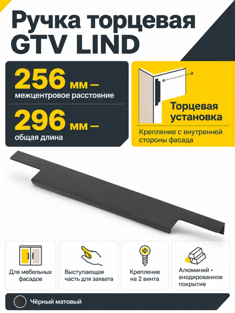 Ручка торцевая LIND 256/296 мм, черный матовый