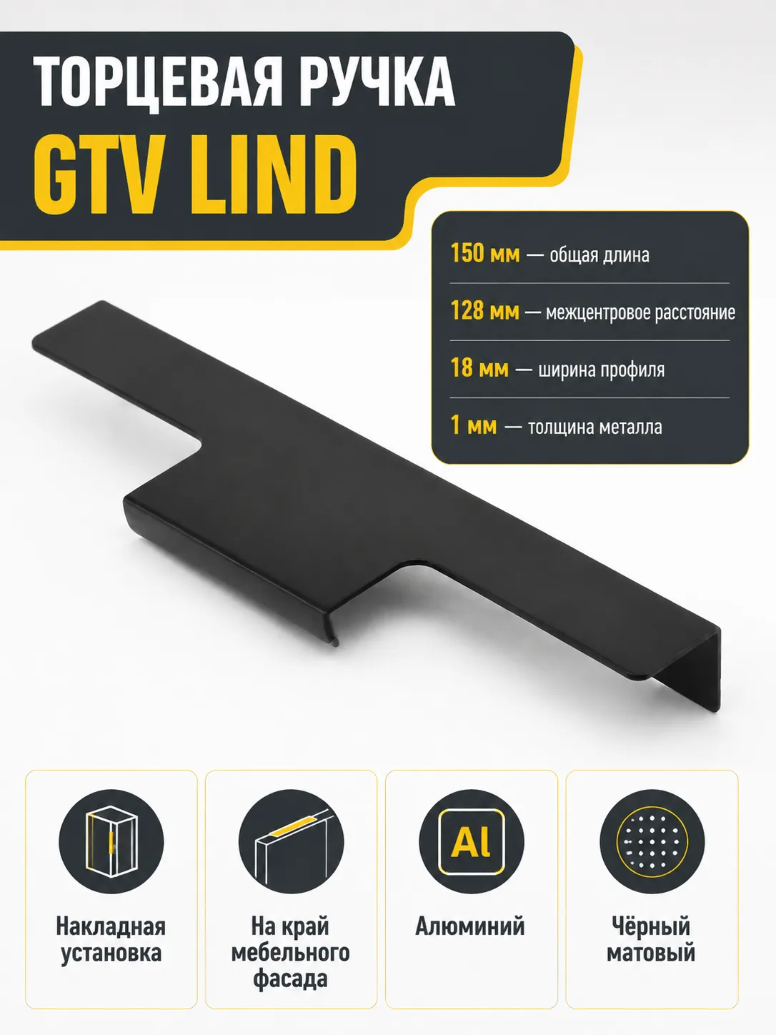 Ручка торцевая LIND 128/150 мм, черный матовый