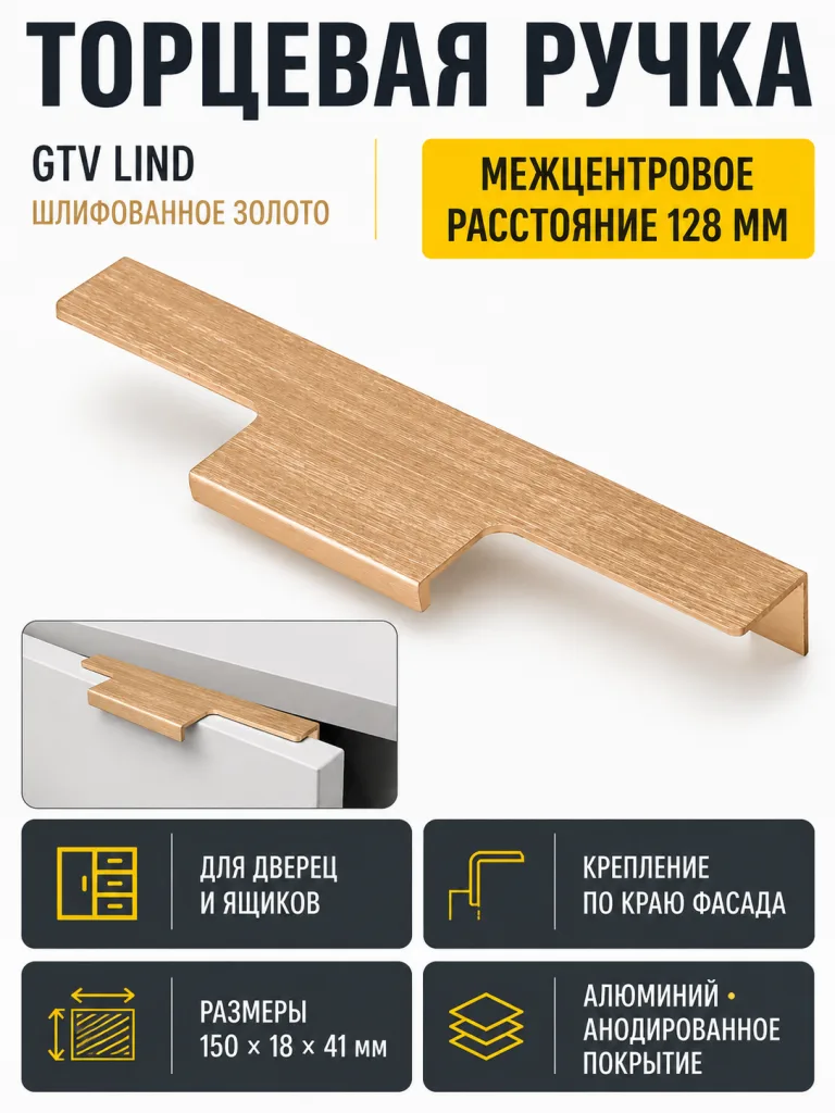 Ручка торцевая LIND 128/150 мм, золото шлифованное