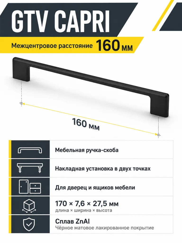 Ручка мебельная CAPRI L-160мм, черный матовый