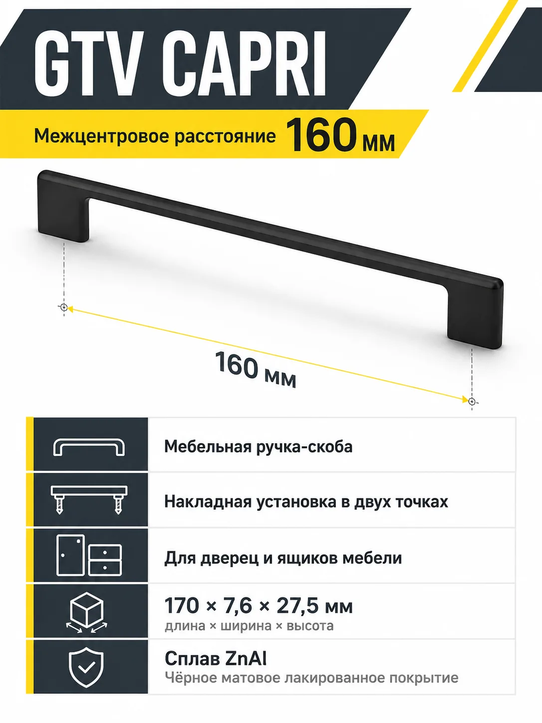 Ручка мебельная CAPRI L-160мм, черный матовый