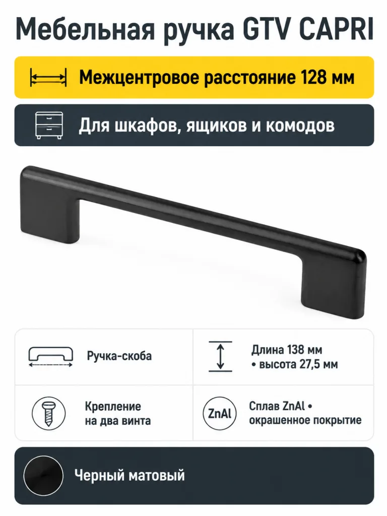 Ручка мебельная CAPRI L-128мм, черный матовый