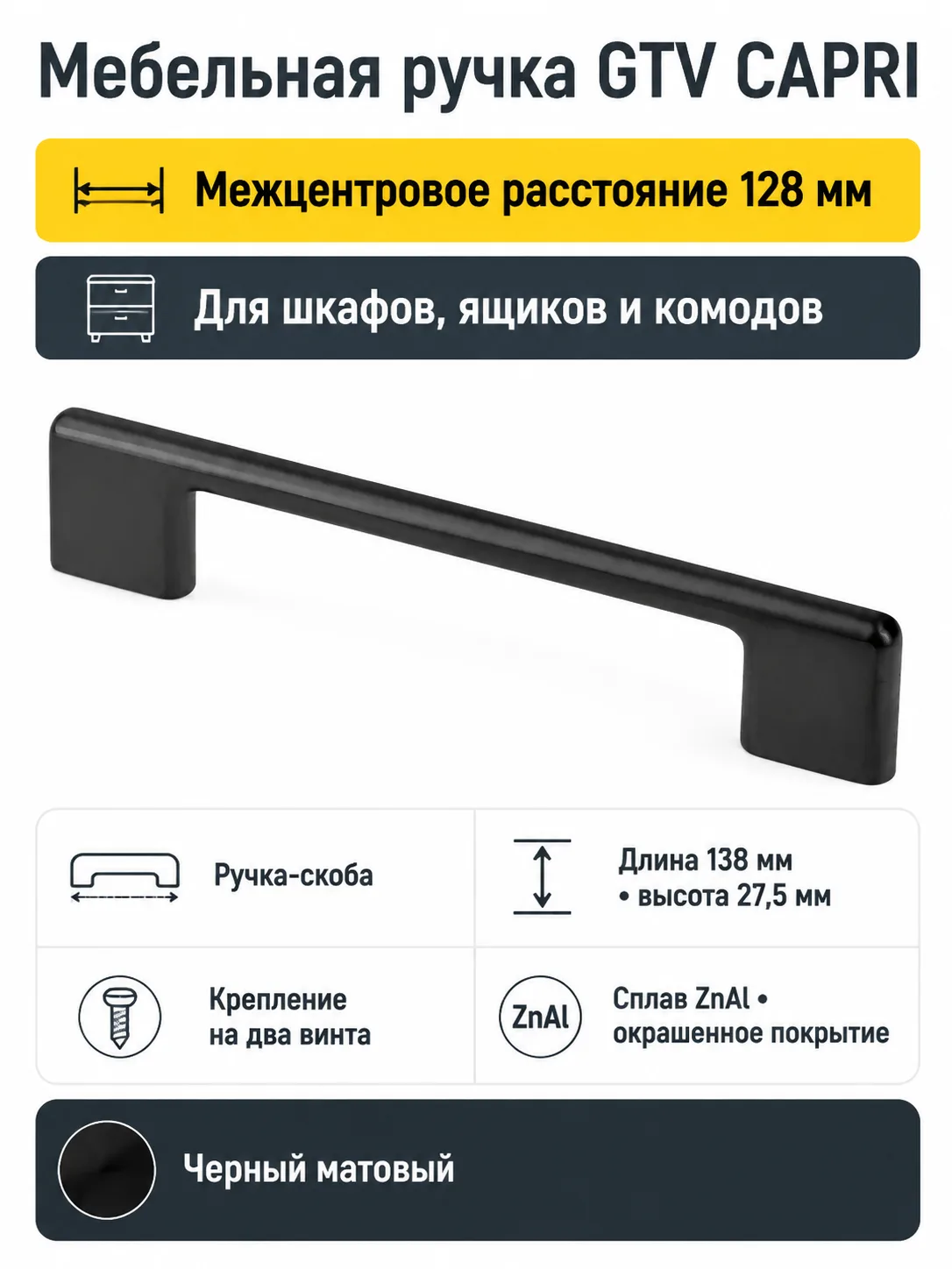 Ручка мебельная CAPRI L-128мм, черный матовый
