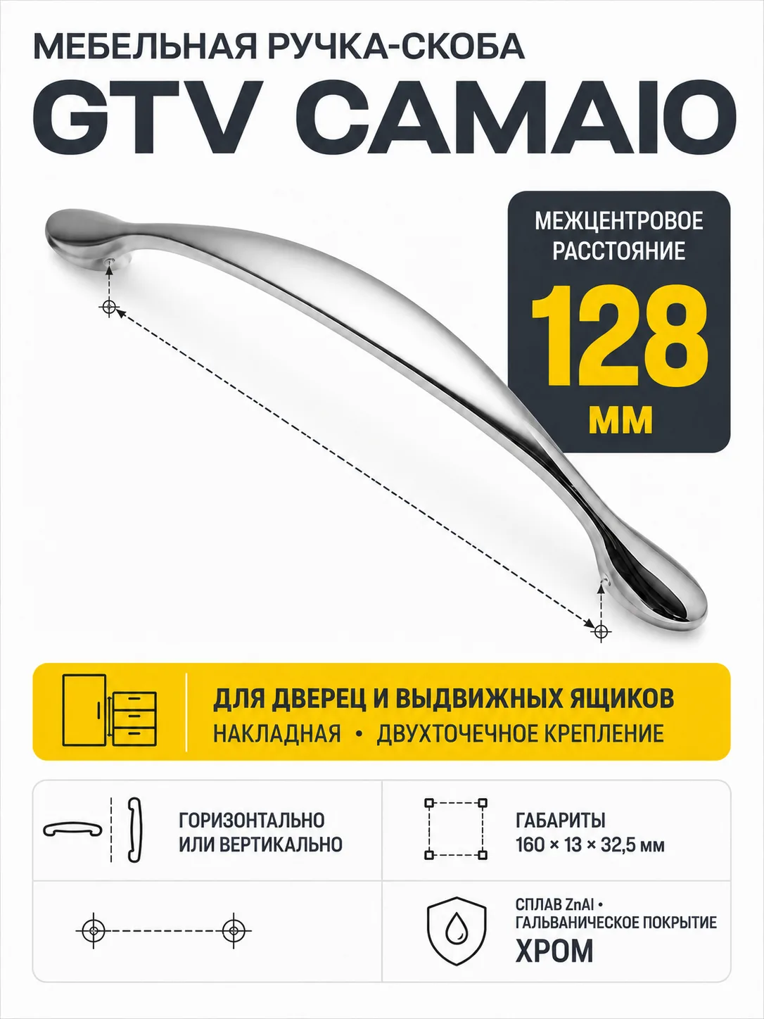 Ручка мебельная CAMAIO L-128мм, хром