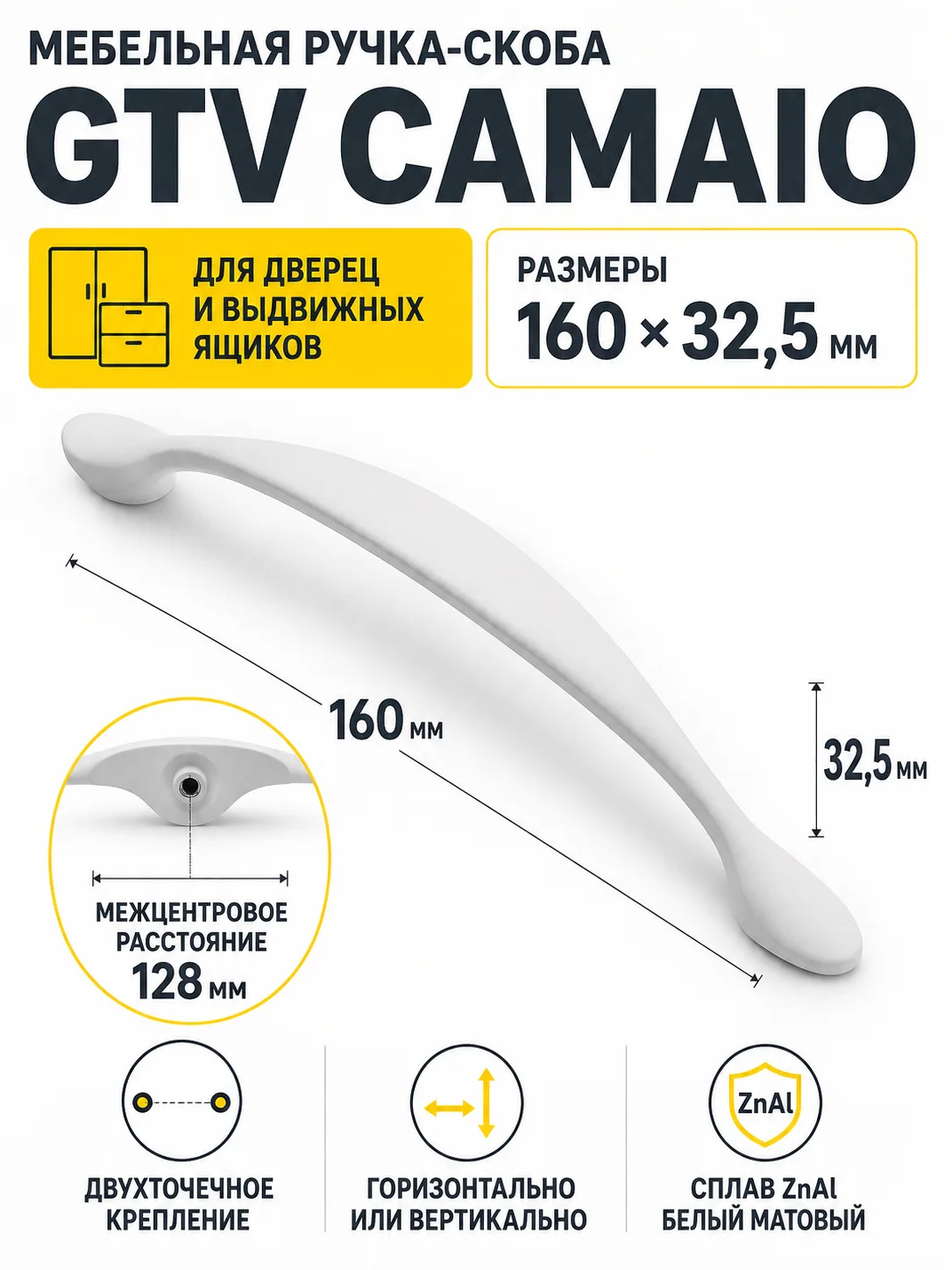 Ручка мебельная CAMAIO L-128мм, белый матовый