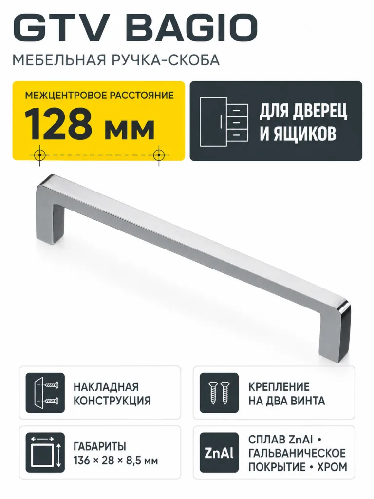 Ручка мебельная BAGIO L-128мм, хром