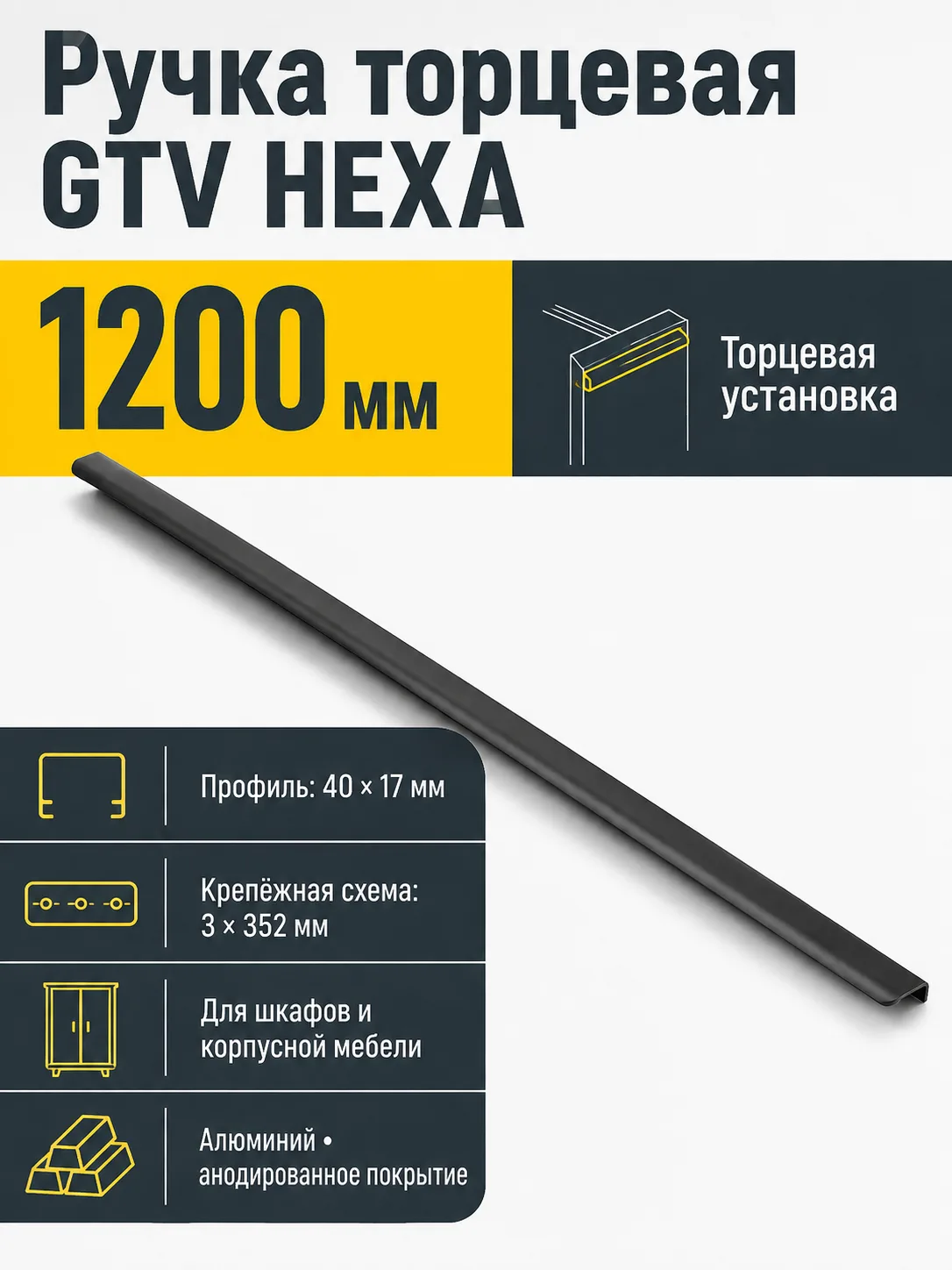 Ручка торцевая HEXA L-1200мм, черный матовый